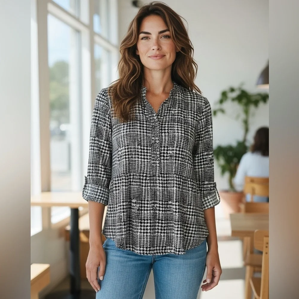 NEW DIRECTIONS NWT WOMEN’S SIZE PS ROLL TAB BLACK GRAY HOUNDSTOOTH 3/4 SLEEVE